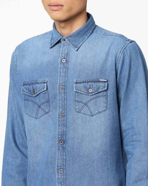 Amazon.com: Men's Pleated Denim Shirts Button Up Casual Slim Fit Cowboy  Shirt Trucker Long Sleeve Work Jacket (Blue,Large) : Clothing, Shoes &  Jewelry