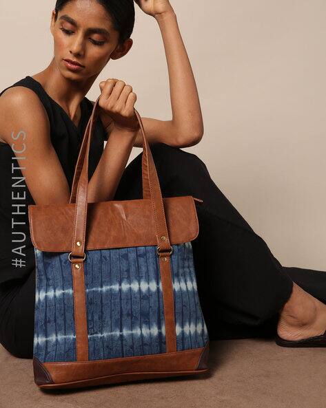 Hand Tie-Dye Shibori Vegan Leather Tote Bag By A BIG INDIAN STORY ( Tan )