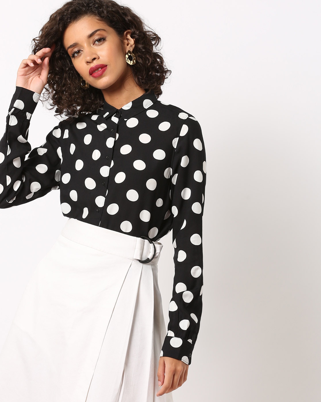 womens white shirt with black polka dots