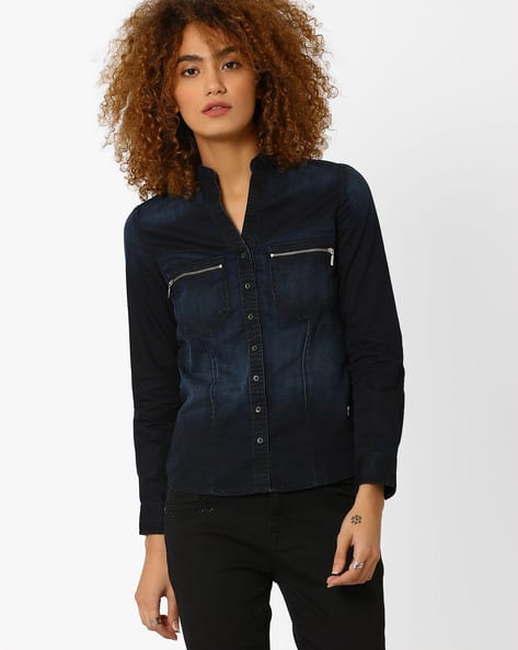 Denim Shirt with Mandarin Collar