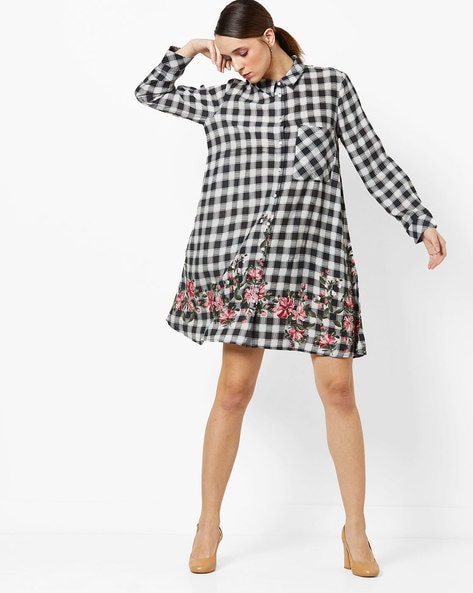 black and white check shirt dress