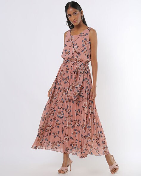 Floral Print Flared Dress with Belt