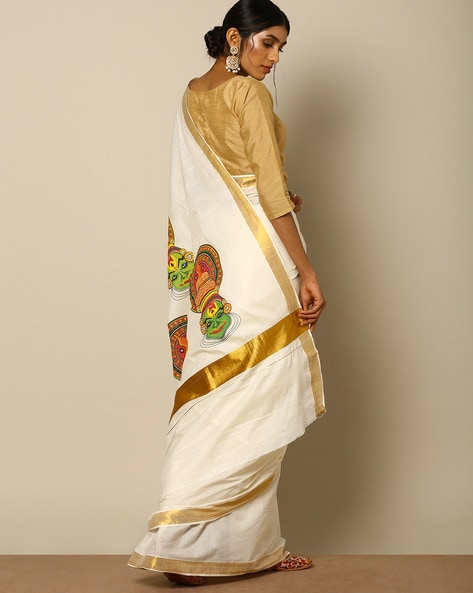 Vanilla-Ice Mural Hand Painted Kathakali Kasavu Saree With Gold Zari Border  From Kerala | Exotic India Art