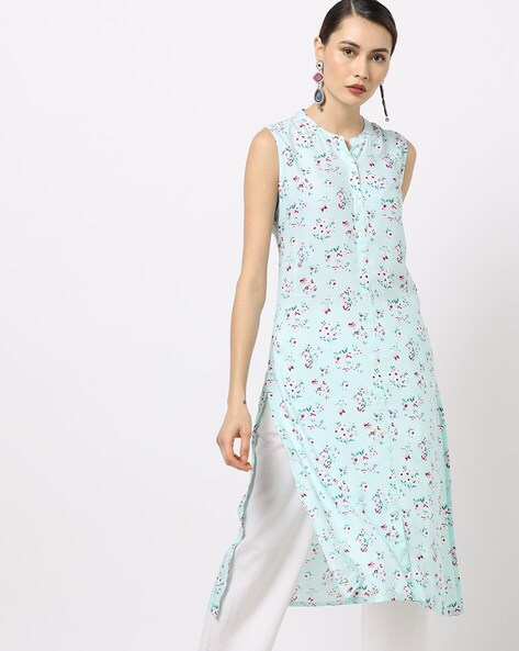 Floral Print Straight Kurta with Band Collar