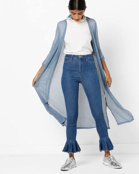 Striped Longline Open-Front Shrug By DNMX ( Mediumblue )
