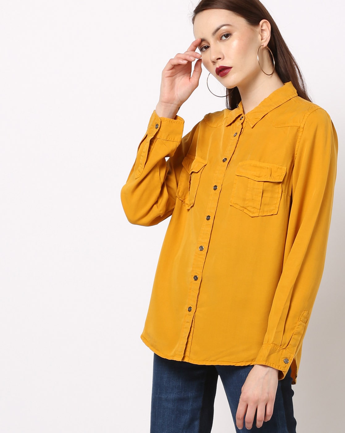 orange denim shirt