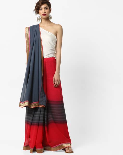 Printed Colourblock Saree With Contrast Border By Florence ( Grey )