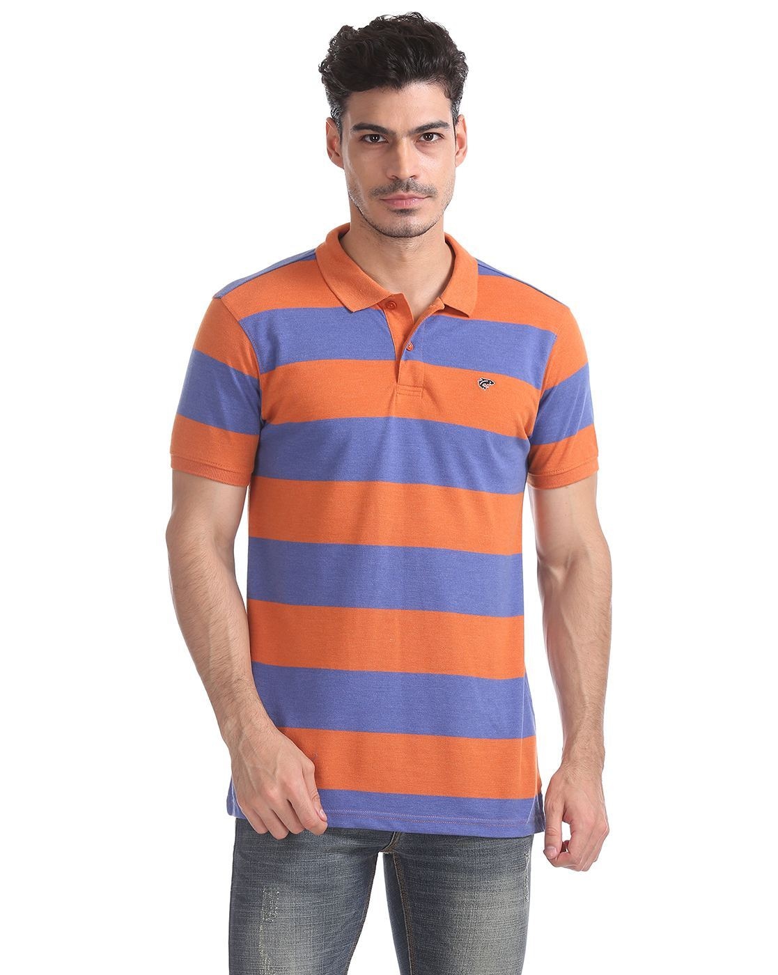 purple and orange polo shirt