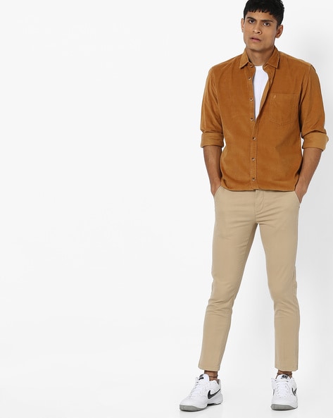 Buy Mustard Brown Solid Slim FlatFront Corduroy Trousers online   Looksgudin