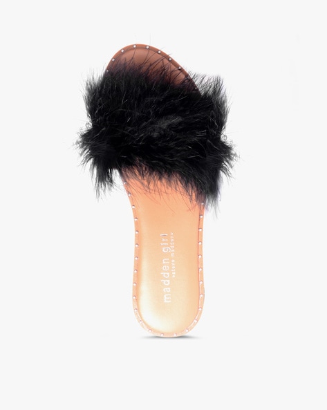 Shearling Fur Slide with Feather - Black Flat Women's Sandals
