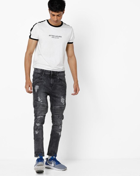 Mid-Wash Distressed Slim Fit Biker Jeans