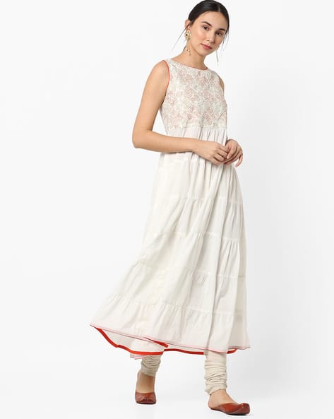 Floral Print Anarkali Kurta With Embroidery By AJIO ( Offwhite )