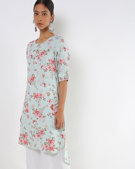 Floral Print Straight High-Low Kurta