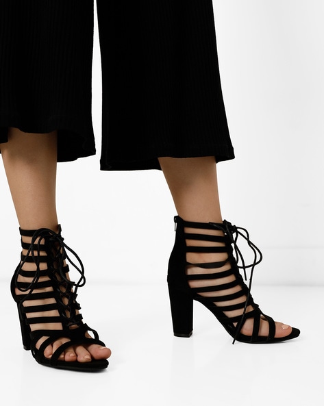 River Island Black Suede Lace Up Caged Block Heel Sandals, $60 | River  Island | Lookastic
