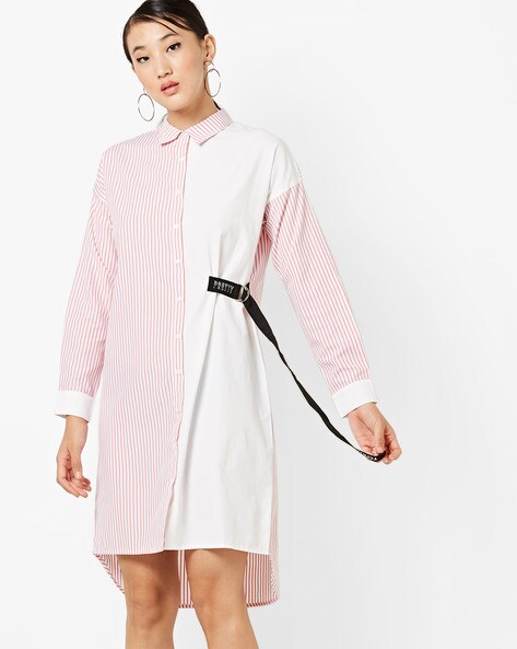 Pink and white shirt dress best sale