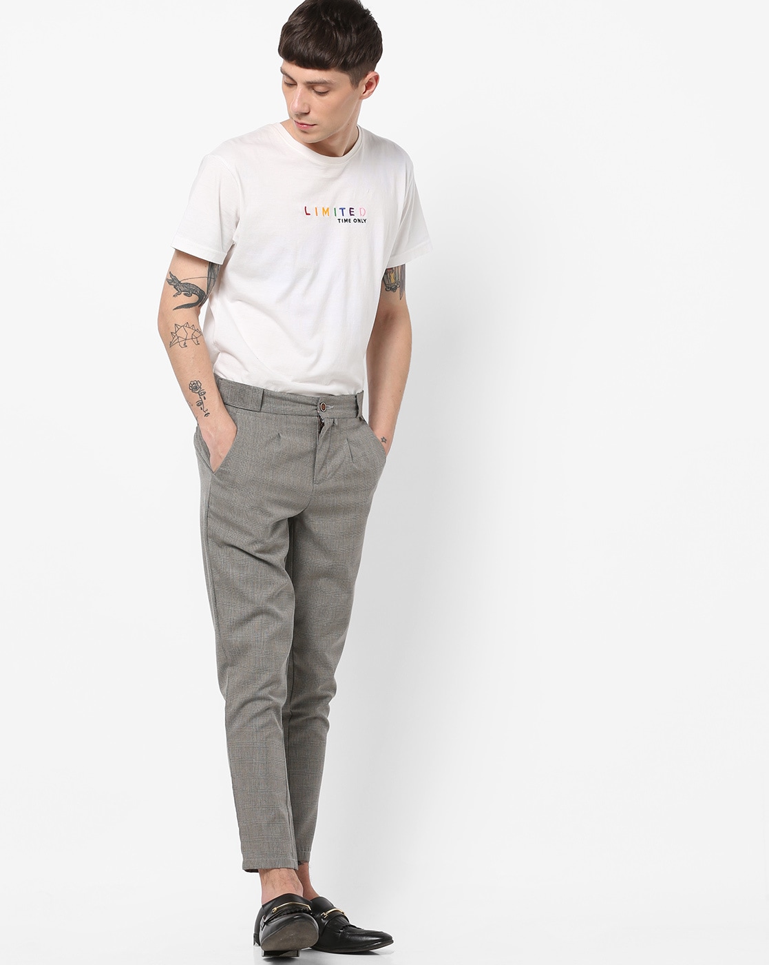 Buy Formals by tside Blue Patterned Carrot-Fit Trousers online | Looksgud.in