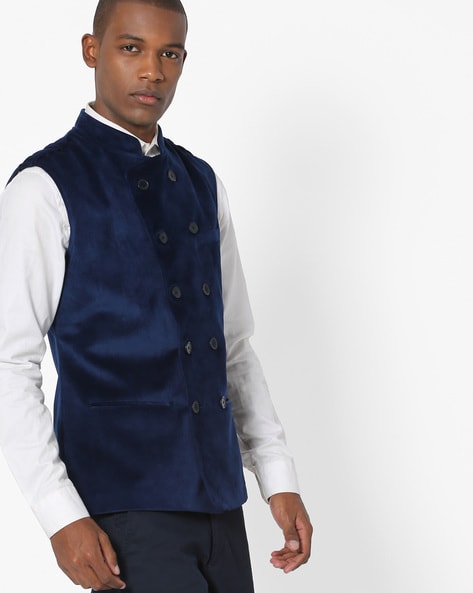 Velvet Nehru Jacket - Navy