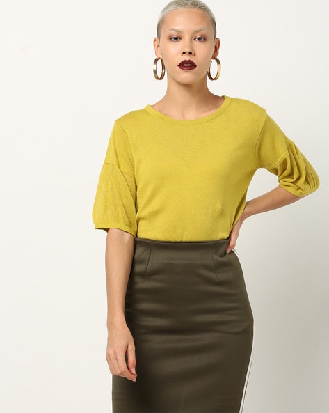 Textured Round-Neck Top with Balloon Sleeves