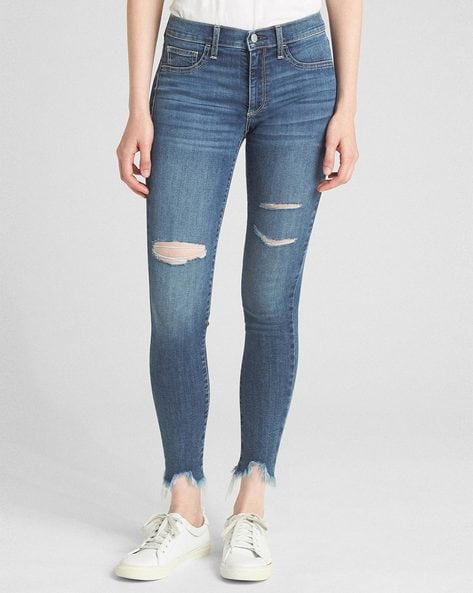 Washed Distressed Skinny Fit Jeans with Frayed Hem