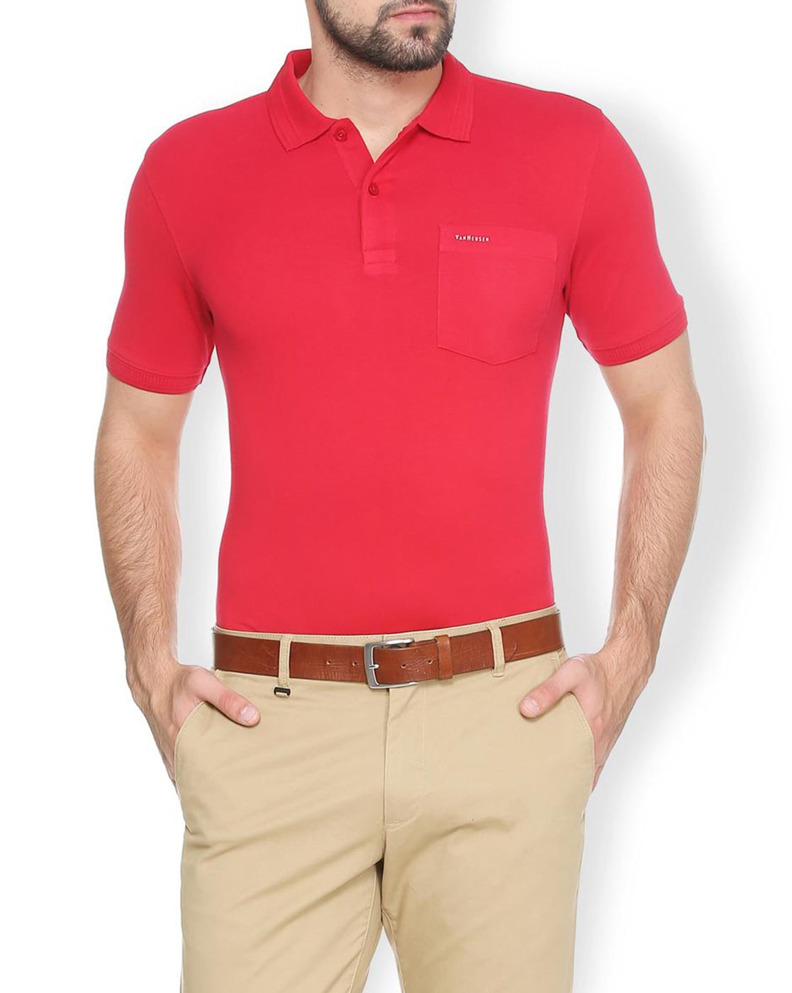 red polo with khaki pants