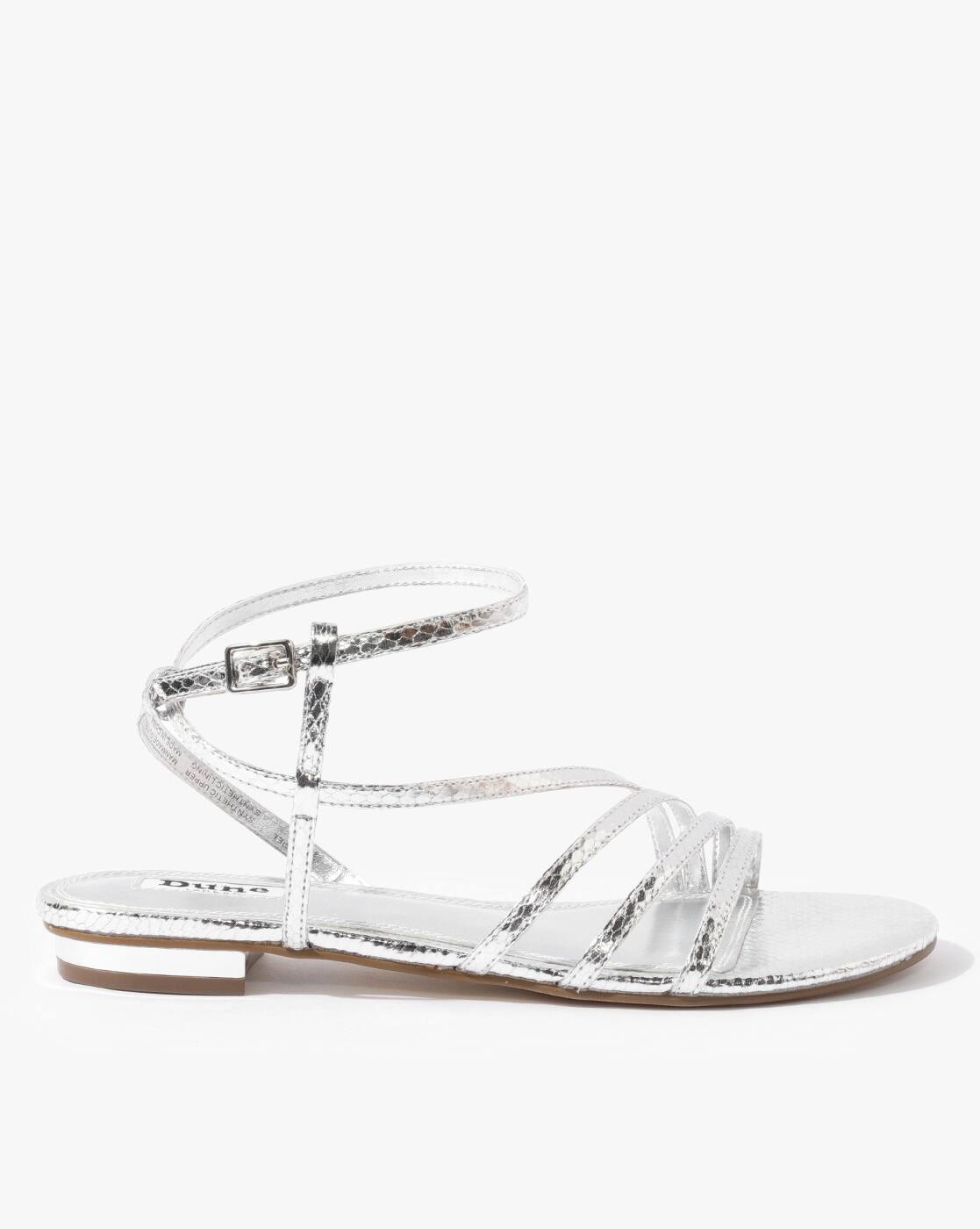silver flat sandals with ankle strap