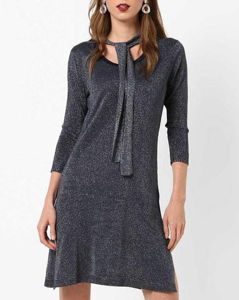 Shift Sweater Dress with Tie Up Neckline Shift Sweater Dress with Tie Up Neckline