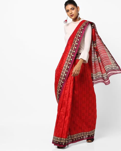 Printed Bhagalpuri Saree With Contrast Border By Florence ( Red )