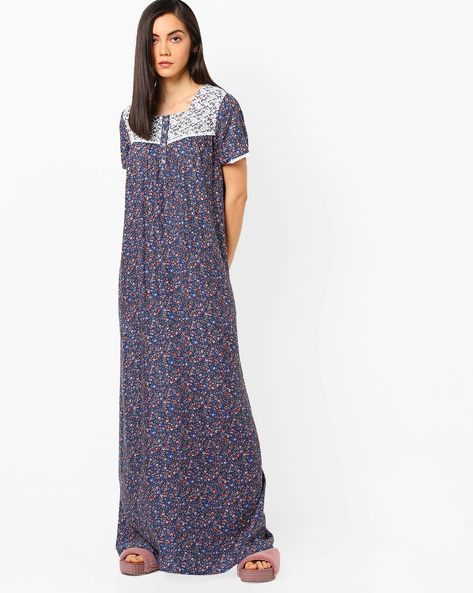 Floral Print Nightgown with Lace Panel