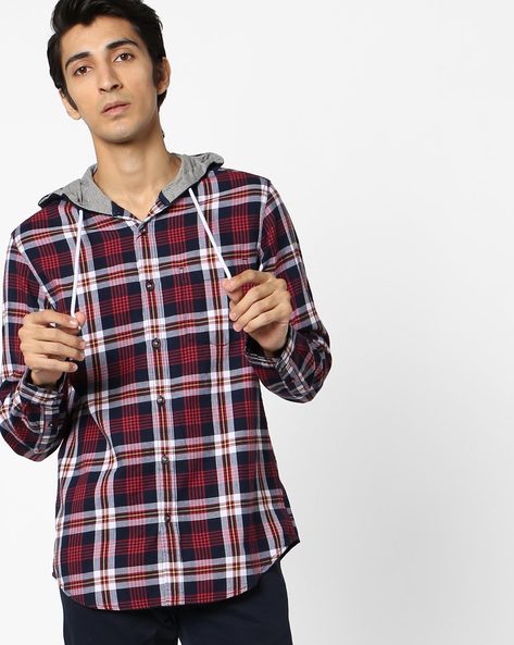 red check hooded shirt