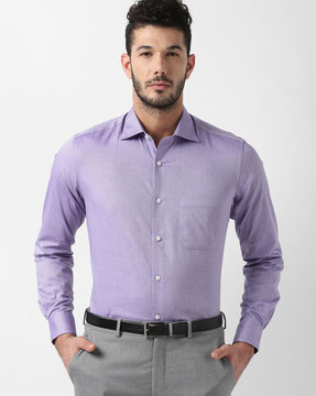 grey pants and purple shirt