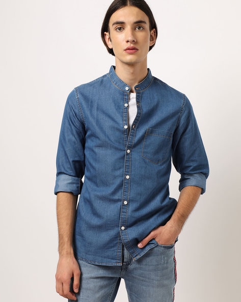 Men's Distressed Denim Shirt With Grandad Collar | boohoo