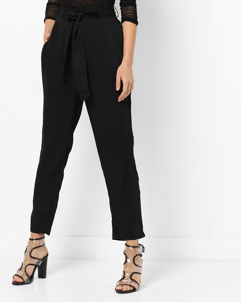 Black Woven Tie Waist Wide Leg Trousers  PrettyLittleThing