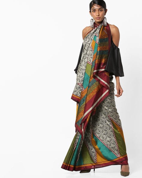 Printed Pochampally Saree With Contrast Border By Florence ( Multicolour )