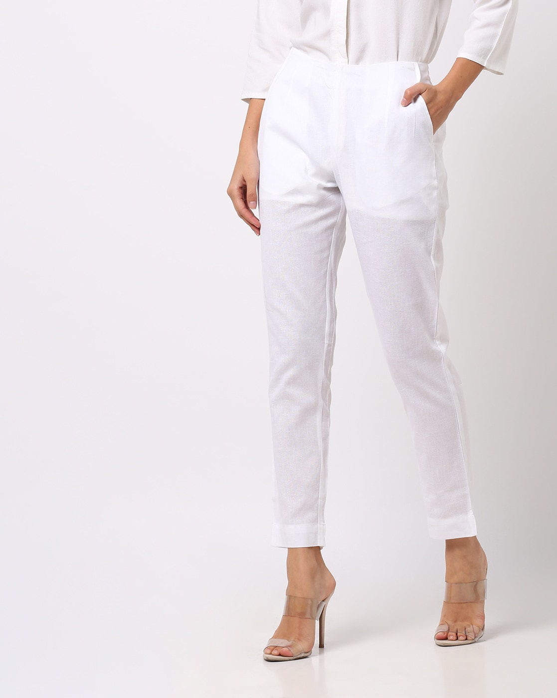 CASTLE 18 Women White Smart Regular Fit Solid Cropped Cigarette Trousers 34   JioMart