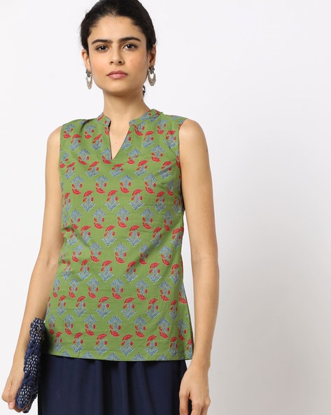 Printed Straight Kurti with Notched Neckline