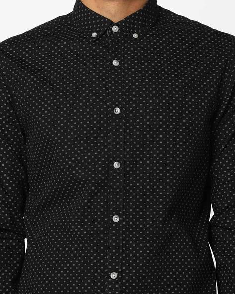 black polka dot button down shirt