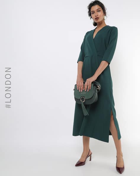 green emerald velvet dress CLOSET LONDON GREEN WRAP MIDI DRESS