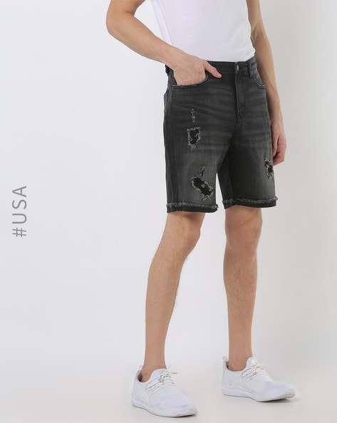 mens black distressed denim shorts