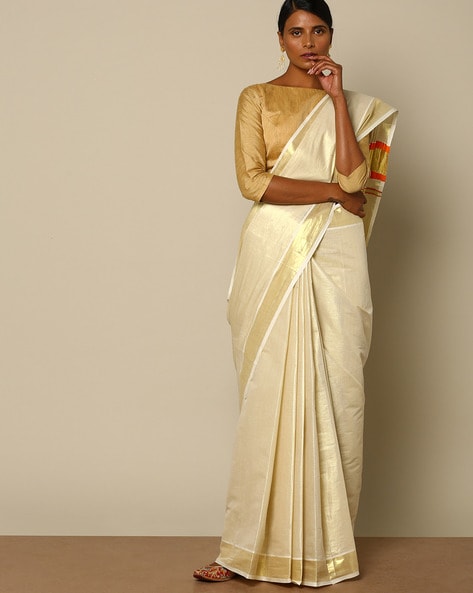 Buy C.S Tex Handloom Women's Kuthampully Kerala Kasavu Saree Golden Tissue  Mural Painted with Running Blouse- Peacock Feather Online at Best Prices in  India - JioMart.