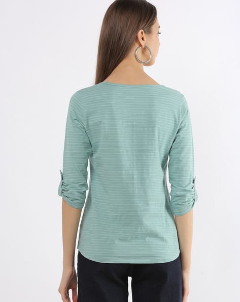 Striped Round-Neck T-shirt with Roll-Up Tabs (Image - 3)