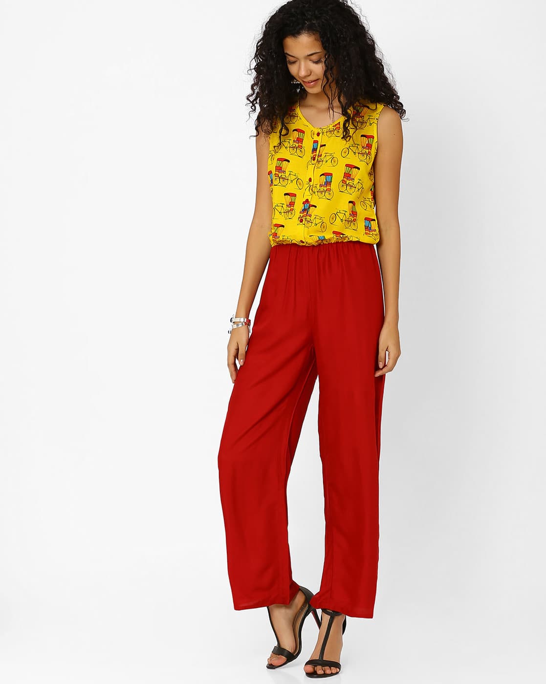red and yellow jumpsuit