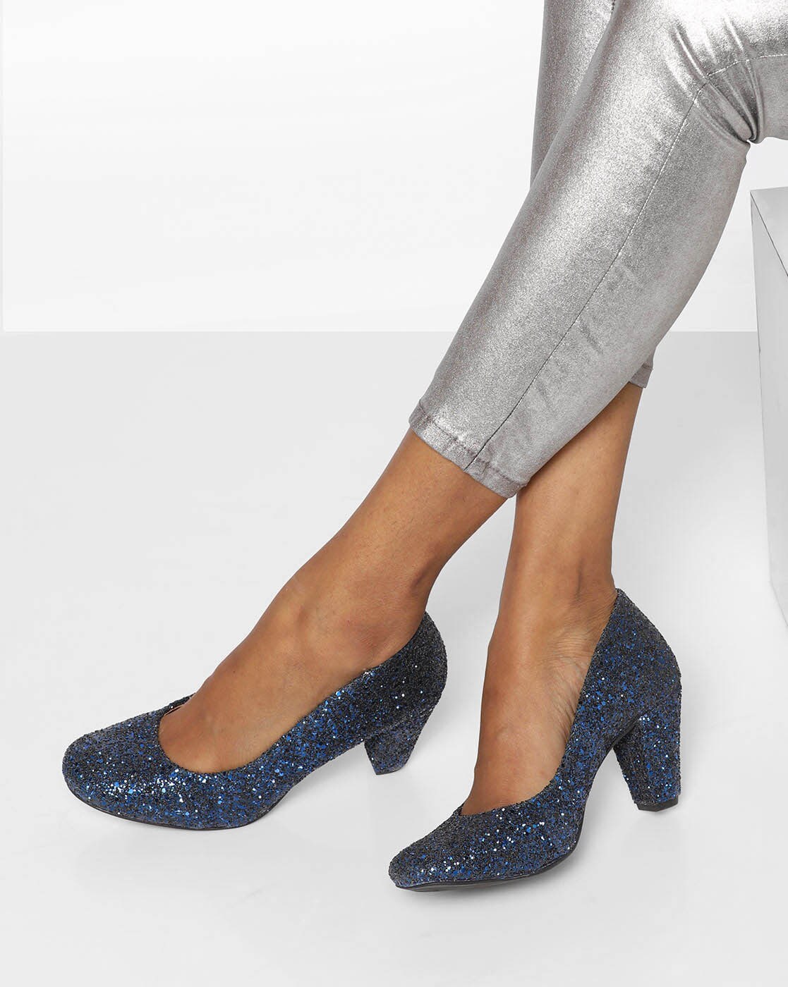 blue glitter block heels