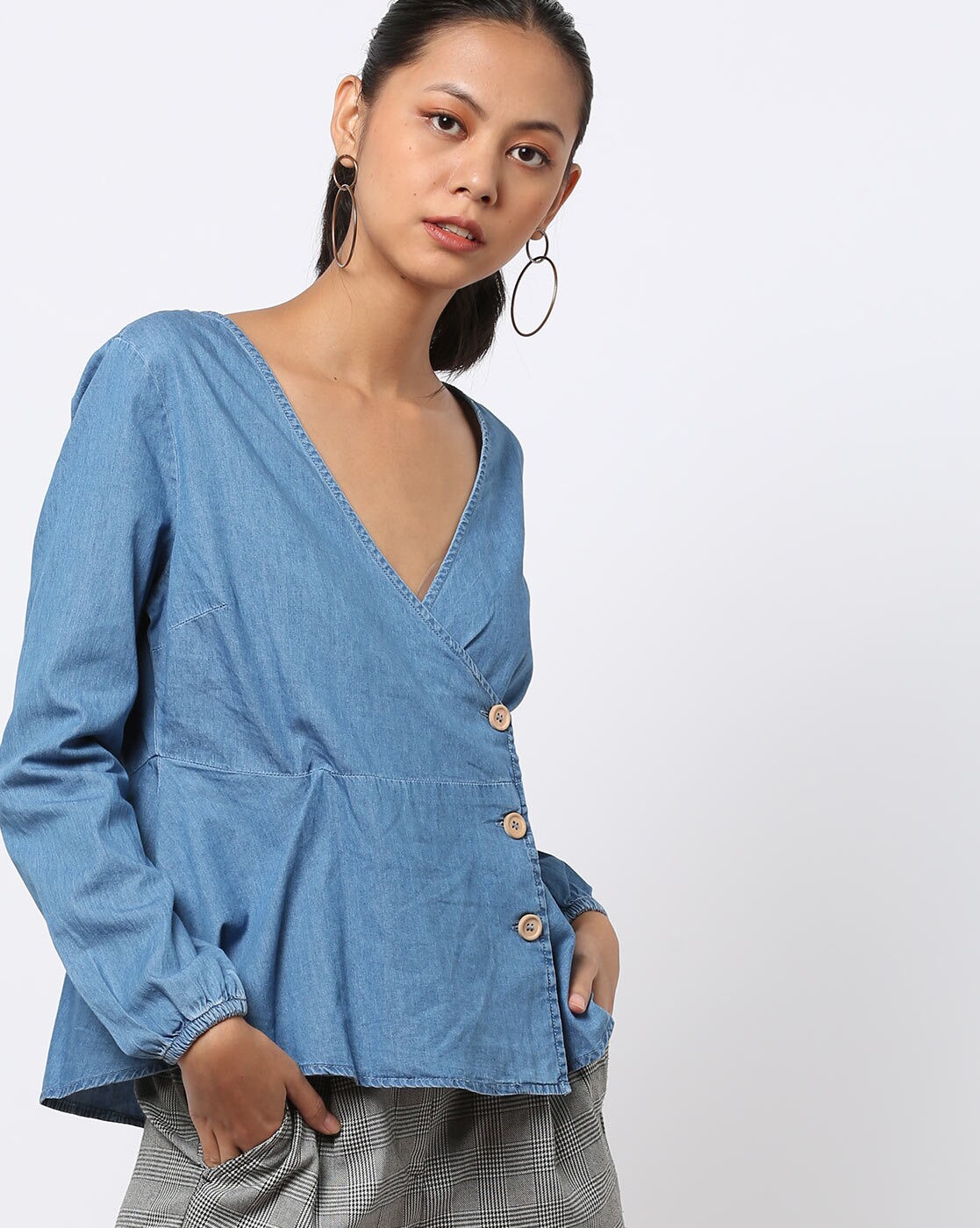 denim wrap blouse