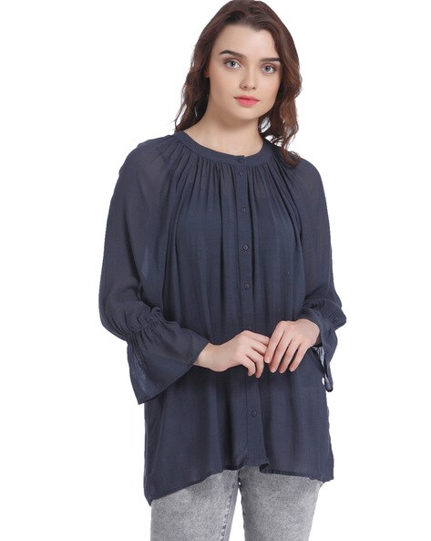 Pleated Button-Down Top with Flounce Sleeves