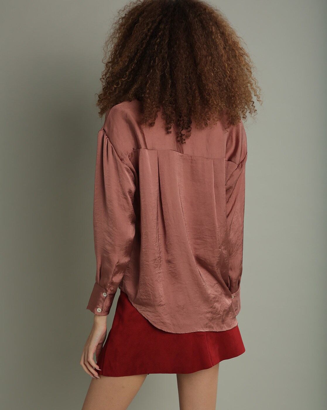 Women Drop-Shoulder Button-Down Satin Brown Shirt