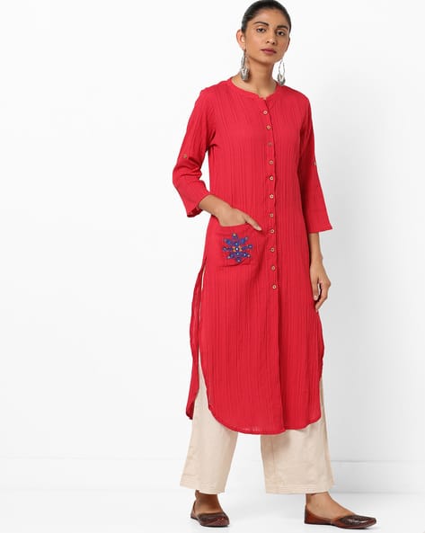 Crinkled Straight Tunic With Patch Pocket By Global Desi ( Red )