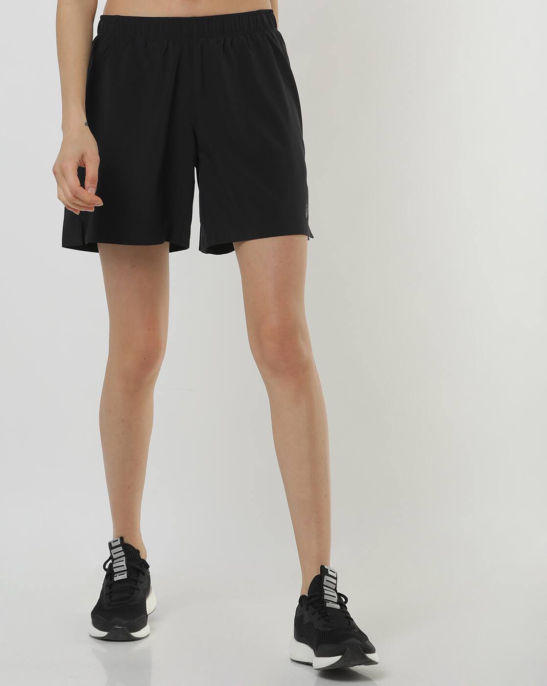 black mid rise shorts