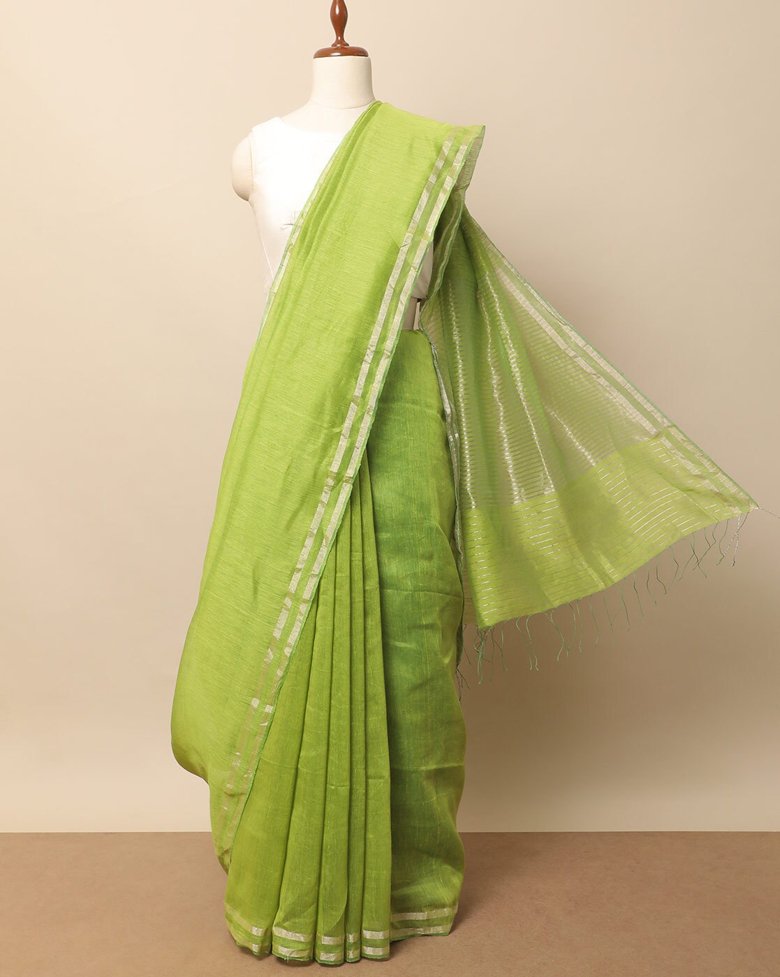 Embroidered Pista Green Linen Saree, Kavya-736