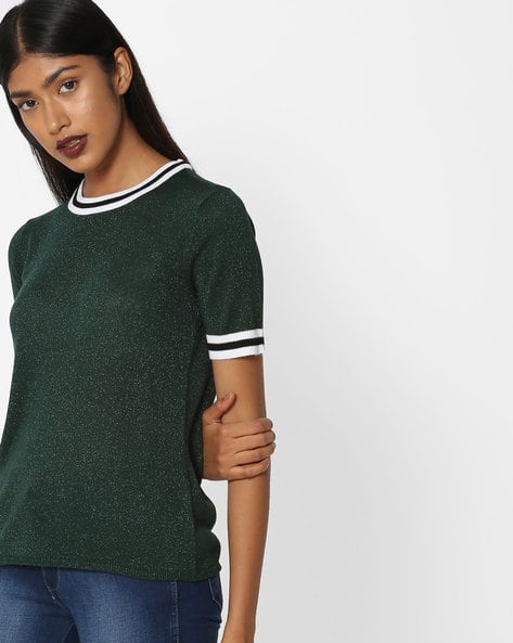dark green top with jeans