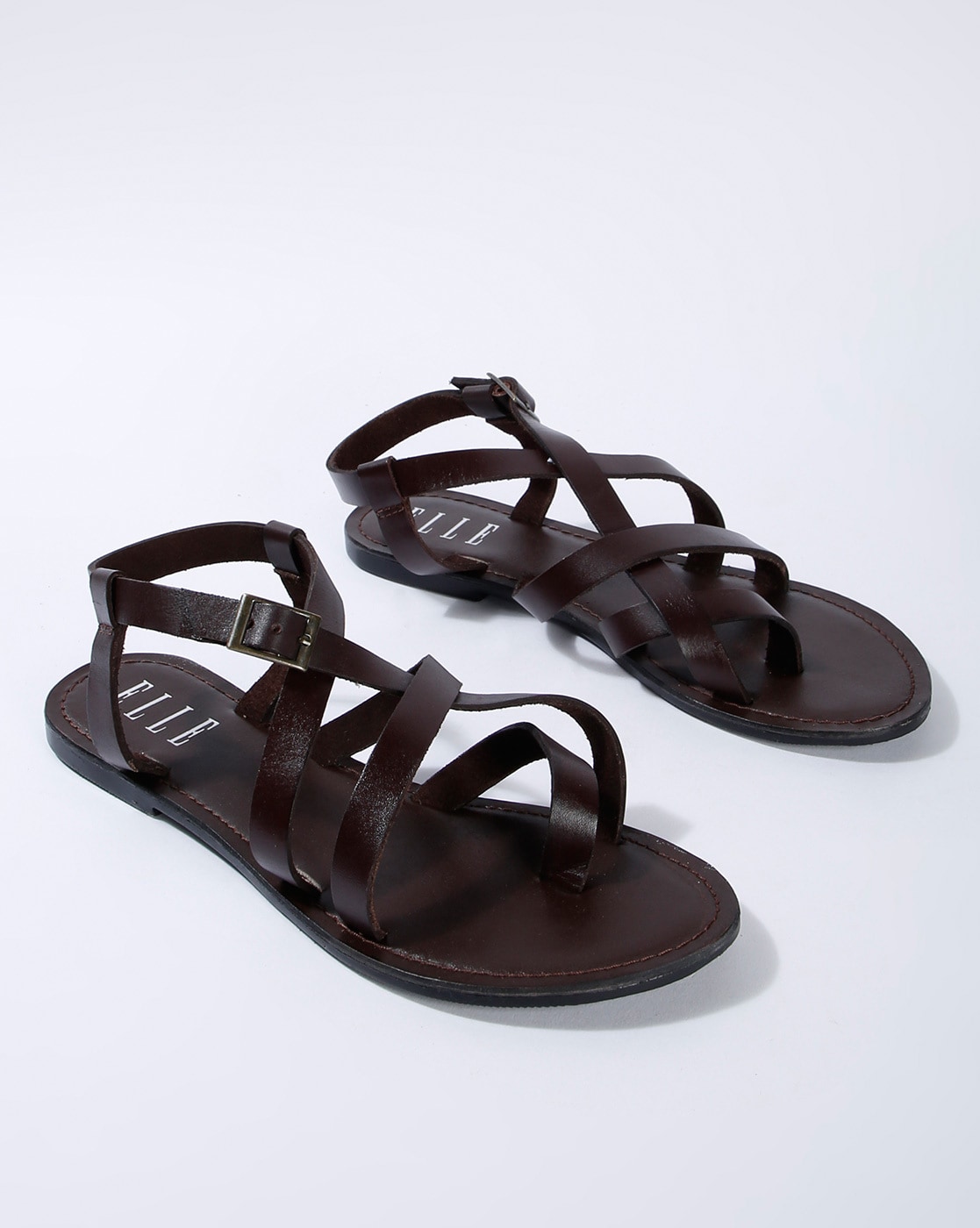 Buy Brown Plain Lieda Premium Leather Buckle Strap Sandals by OROH Online  at Aza Fashions.